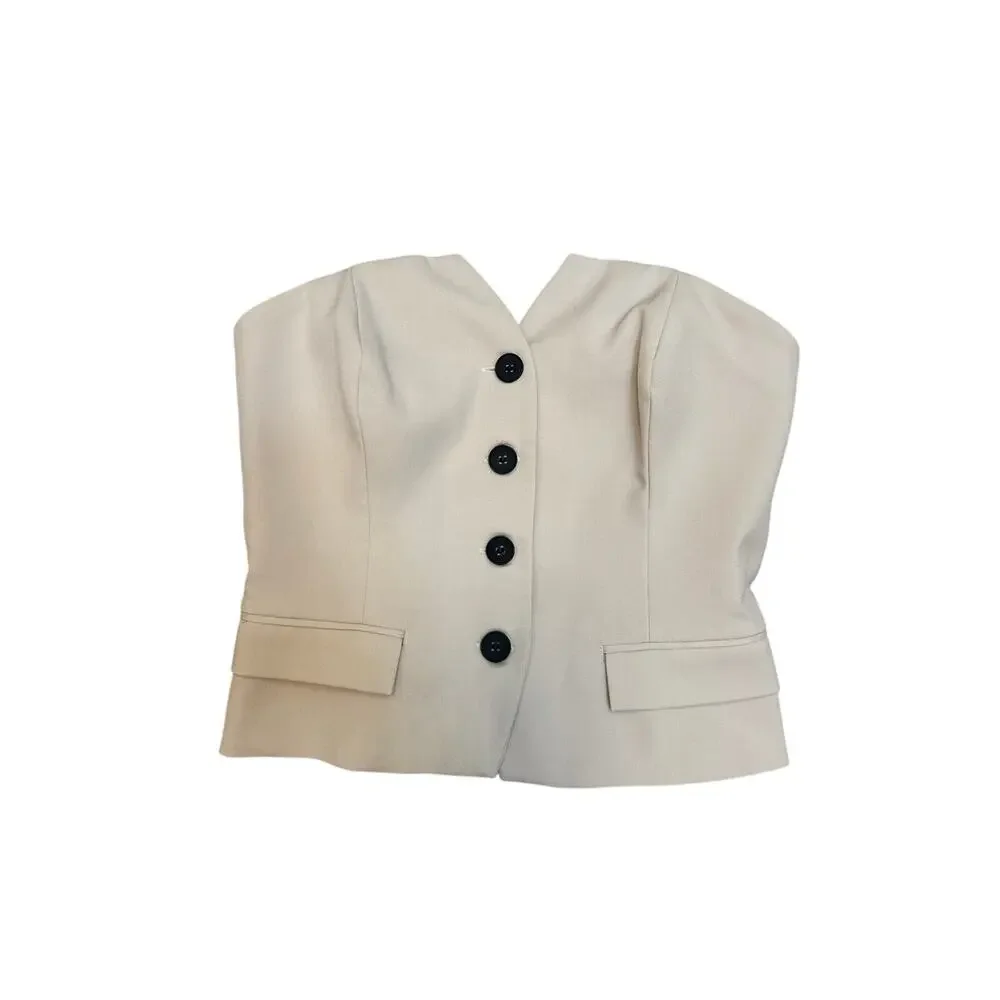 Sincerely Jules Strapless Peplum Bustier Top Beige Button Front Smocked Back - Picture 2 of 8